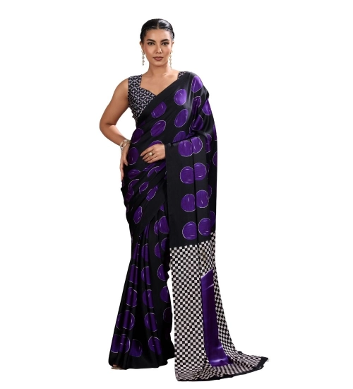 Women's Satin Crepe Printed Saree With Unstitched Blouse 5.5Mtr (Purple)