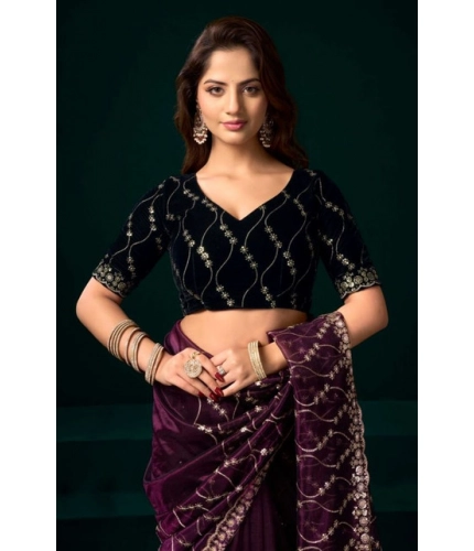 Women's Net Sequence Saree With Unstitched Blouse 5.5Mtr (Purple)