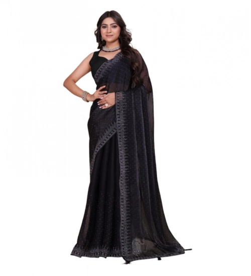 Women's Jimmy choo Embellished Bollywood Saree With Unstitched Blouse 5.5Mtr (Black)