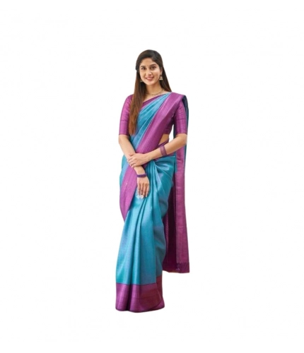 Women's Soft Lichi Silk Printed Saree With Unstitched Blouse 5.5Mtr (Sky-Blue)