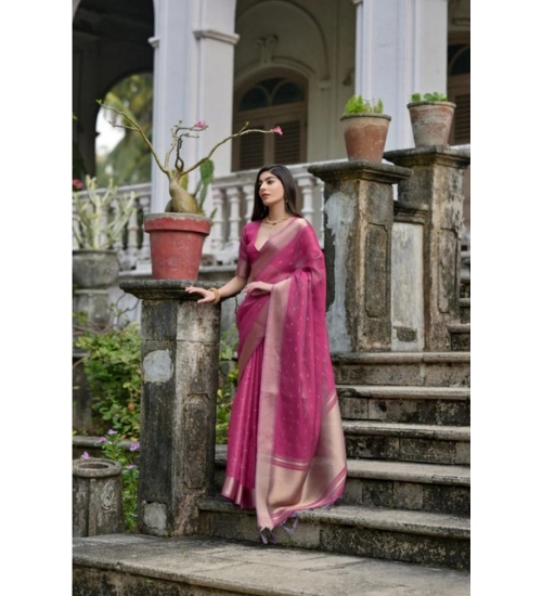 Women's Silk_Blend Butti Pattern Saree With Unstitched Blouse 5.5Mtr (Pink)