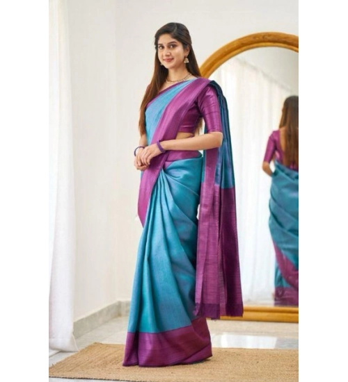 Women's Soft Lichi Silk Printed Saree With Unstitched Blouse 5.5Mtr (Sky-Blue)
