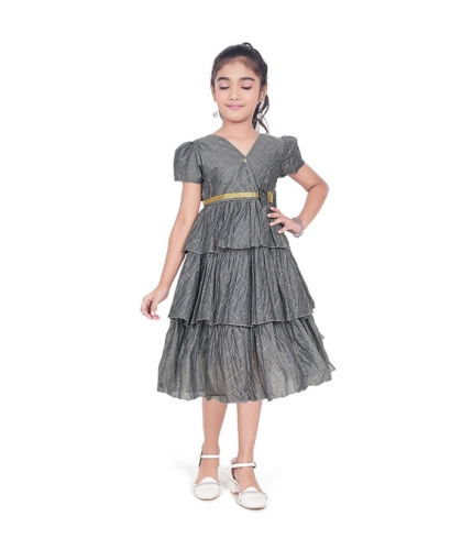 Girl's Artificial Silk Striped Short Sleeve V Neck Dress (Grey)