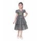 Girl's Artificial Silk Striped Short Sleeve V Neck Dress (Grey)