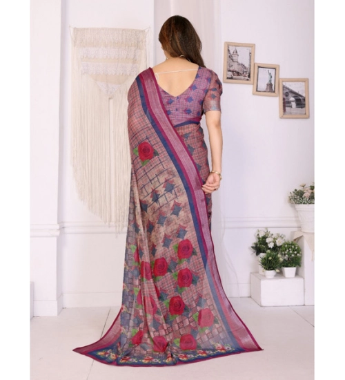 Women's Linen Cotton  Printed Saree With Unstitched Blouse 5.5Mtr (Wine )