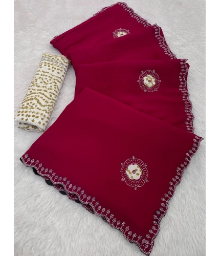 Women's Chiffon Butti Dotted Saree With Unstitched Blouse 5.5Mtr (Pink)