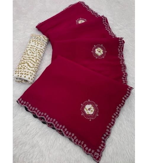 Women's Chiffon Butti Dotted Saree With Unstitched Blouse 5.5Mtr (Pink)