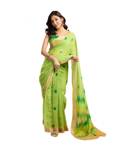 Women's Faux Linen Floral Print Ready to wear Saree With Unstitched Blouse 5.5Mtr (Green)