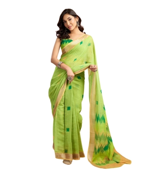 Women's Faux Linen Floral Print Ready to wear Saree With Unstitched Blouse 5.5Mtr (Green)