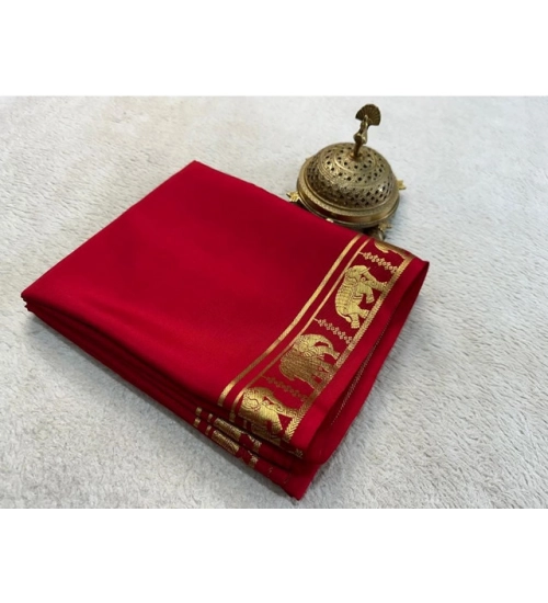Women's Crepe Chit Pallu Solid Saree With Unstitched Blouse 5.5Mtr (Red)