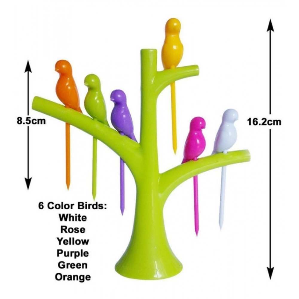 Pack of 10_Bird Tree Fruit Fork Set Decorative Toothpick Holder (Color: Assorted )