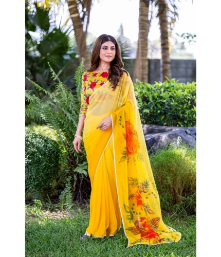 Women's Georgette Printed Saree With Unstitched Blouse 5.5Mtr (Yellow) Women's Georgette Printed Saree With Unstitched Blouse 5.5Mtr (Yellow)