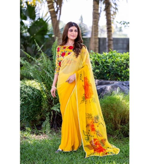 Women's Georgette Printed Saree With Unstitched Blouse 5.5Mtr (Yellow) Women's Georgette Printed Saree With Unstitched Blouse 5.5Mtr (Yellow)