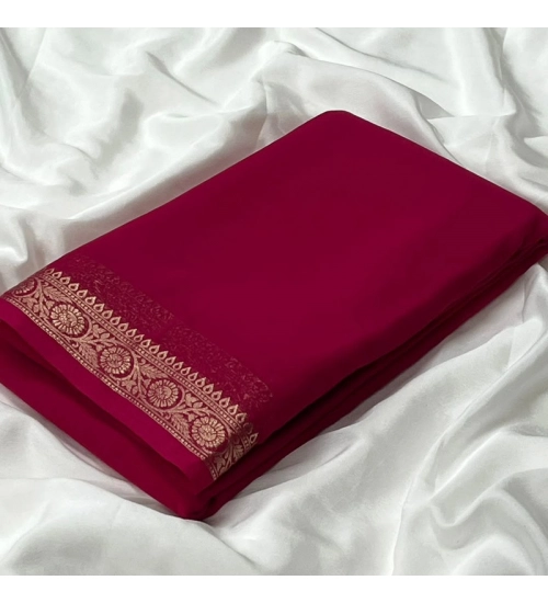 Women's Crepe Chit Pallu Solid Saree With Unstitched Blouse 5.5Mtr (Pink)