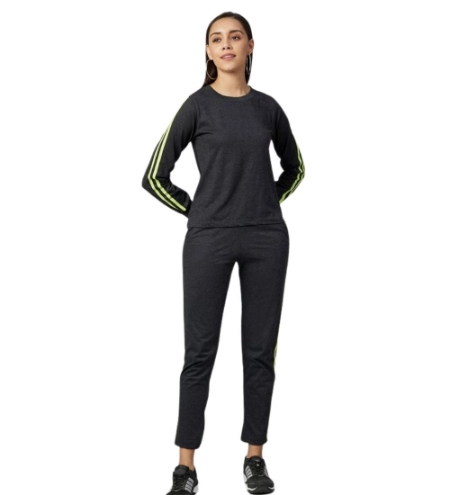 Women's Cotton Solid Long Sleeves Tracksuit (Dark Grey - Green)