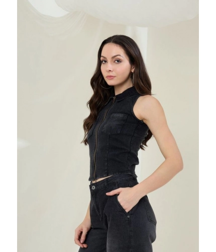Women's Denim Lycra Solid Sleeveless Top (Black)