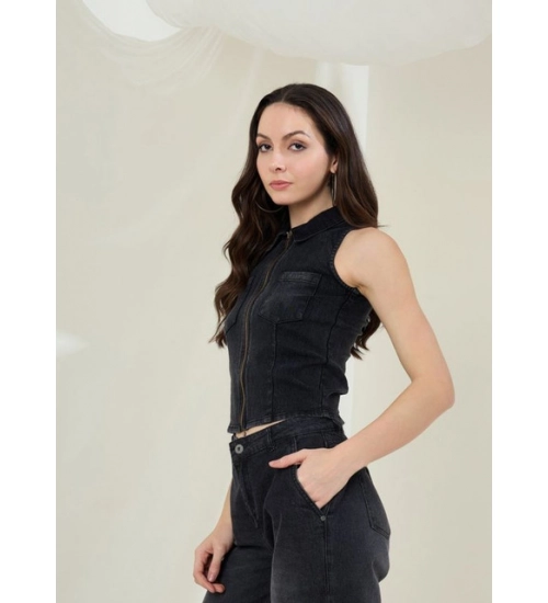 Women's Denim Lycra Solid Sleeveless Top (Black) Women's Denim Lycra Solid Sleeveless Top (Black)
