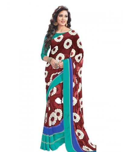 Womens Geogrette Saree with Blouse Digital Printed Saree (Brown, 6.25 Mtr)