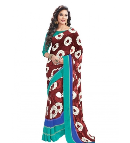 Womens Geogrette Saree with Blouse Digital Printed Saree (Brown, 6.25 Mtr)