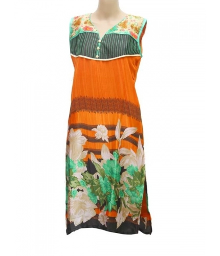 Women's Synthetic Kurtis (Orange, Multi, L)