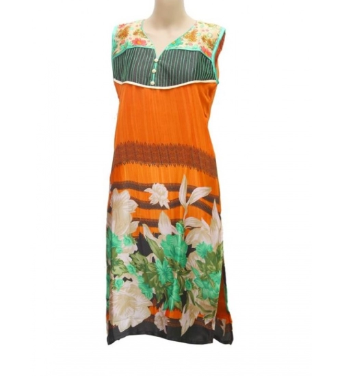 Women's Synthetic Kurtis (Orange, Multi, L)
