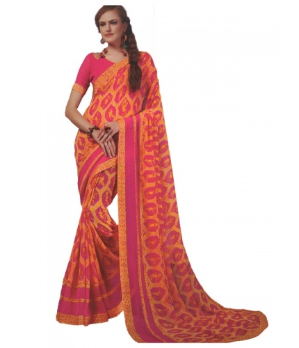 Womens Georgette Digital Printed Saree (Dark Pink, Orange, 6.25 Mtr)