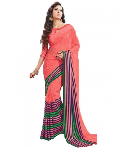 Womens Geogrette Saree with Blouse Digital Printed Saree (Peach, 6.25 Mtr)