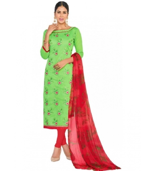 Womens Chanderi Regular Unstitched Salwar-Suit Material With Dupatta (Green, Red, 2 mtr)