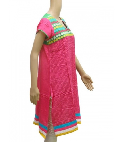 Women's Rayon Kurtis (Pink, Green, L) Women's Rayon Kurtis (Pink, Green, L)