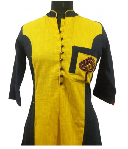 Women's Cotton Kurtis (Yellow, Black, L)