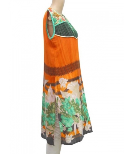 Women's Synthetic Kurtis (Orange, Multi, L) Women's Synthetic Kurtis (Orange, Multi, L)