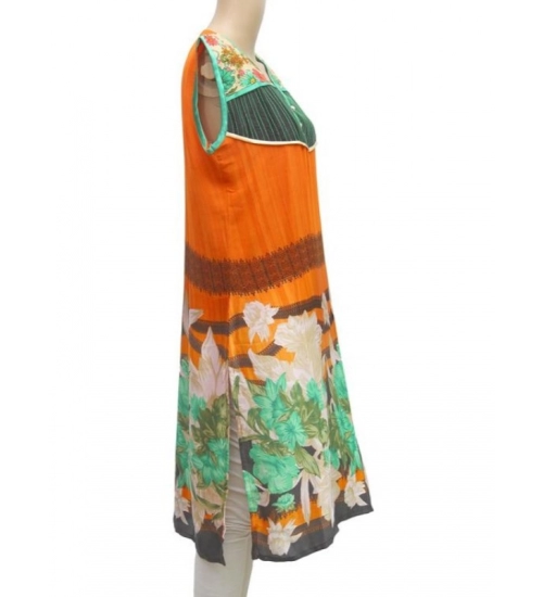 Women's Synthetic Kurtis (Orange, Multi, L)