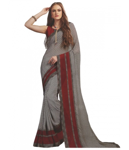 Womens Georgette Digital Printed Saree (Grey, Red, 6.25 Mtr)