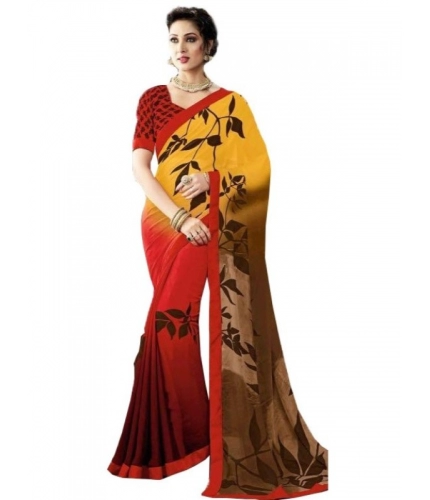 Womens Georgette Digital Printed Saree (Red, Yellow, 6.25 Mtr)