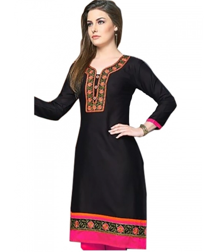 Women's Linen and Cotton Mix Kurtis (Black, Pink, L)