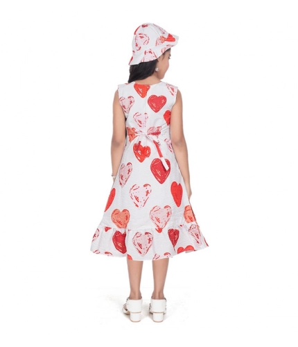 Girl's Popcorn Printed Sleeve Less Round Neck Dress (Red)
