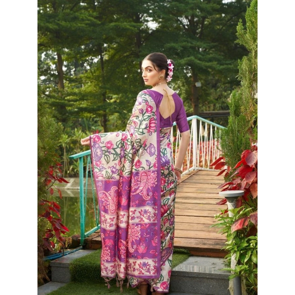 Women's Faux_Tussar Kalamkari_Print Saree With Unstitched Blouse 5.5Mtr (Purple)