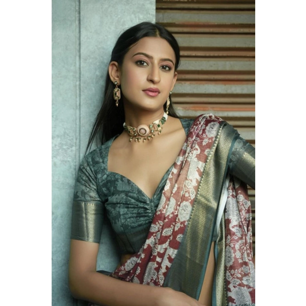 Women's Polyester Printed Saree With Unstitched Blouse 5.5 Mtr (Maroon)