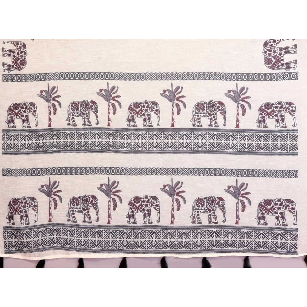 Women's Linen Cotton Printed Saree With Unstitched Blouse 5.5Mtr (Off White)