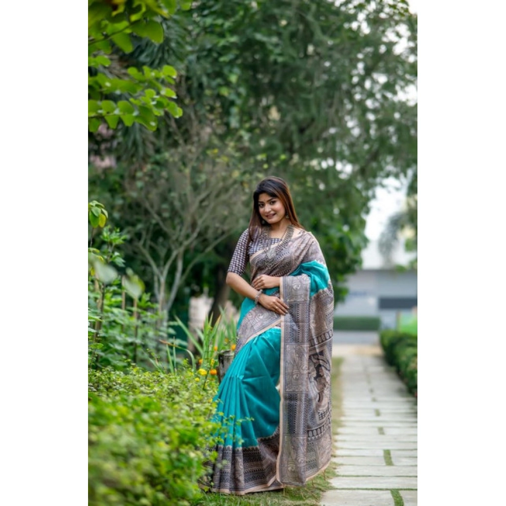 Women's Faux_Tussar Geometric_Print Saree With Unstitched Blouse 5.5Mtr (Rama_Green) Women's Faux_Tussar Geometric_Print Saree With Unstitched Blouse 5.5Mtr (Rama_Green)
