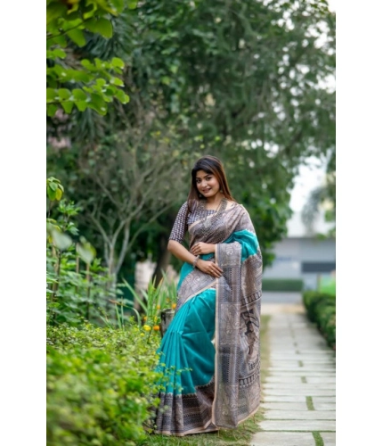 Women's Faux_Tussar Geometric_Print Saree With Unstitched Blouse 5.5Mtr (Rama_Green)