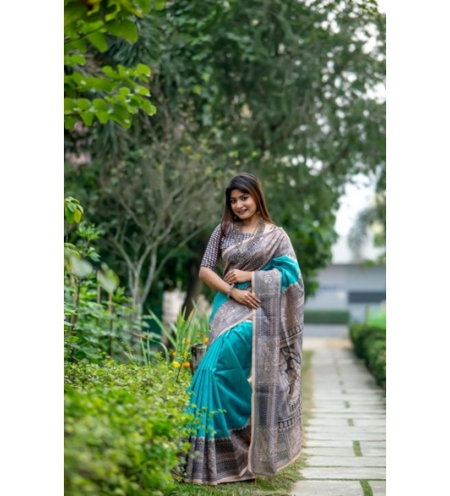 Women's Faux_Tussar Geometric_Print Saree With Unstitched Blouse 5.5Mtr (Rama_Green)