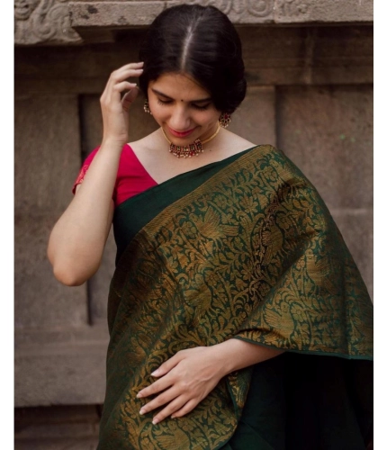 Women's Soft Lichi Silk Printed Saree With Unstitched Blouse 5.5Mtr (Green)