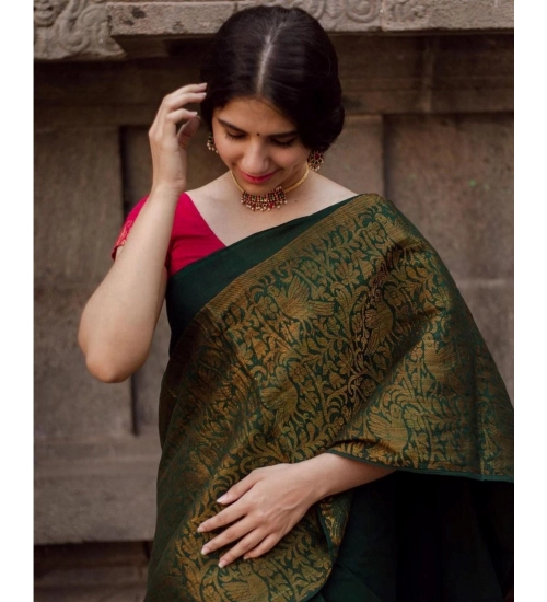Women's Soft Lichi Silk Printed Saree With Unstitched Blouse 5.5Mtr (Green)