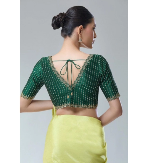 Women's Banarasi Silk Sequence V Neck Non Padded Blouse (Green 38 Ready (Alterable up to 42)