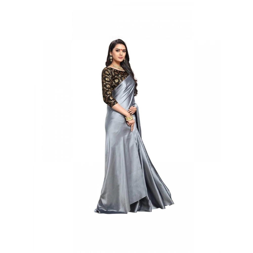 Women's Satin Solid Saree With Unstitched Blouse 5.5Mtr (Grey)