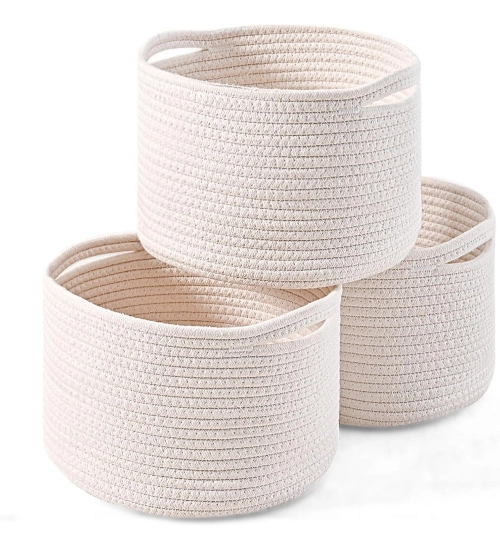 Cotton 9x7 Inch Pack of 3 Storage Basket For Clothes (White)