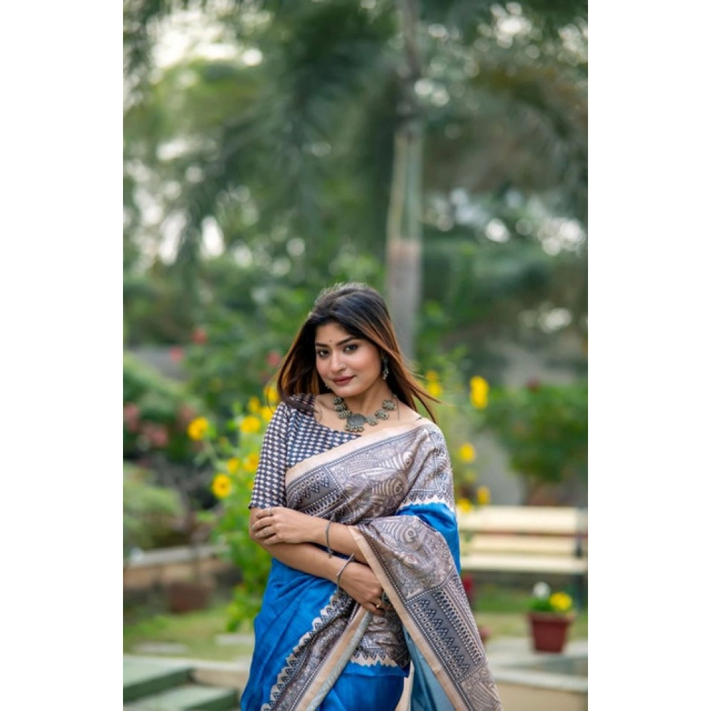 Women's Faux_Tussar Geometric_Print Saree With Unstitched Blouse 5.5Mtr (Royal_Blue) Women's Faux_Tussar Geometric_Print Saree With Unstitched Blouse 5.5Mtr (Royal_Blue)