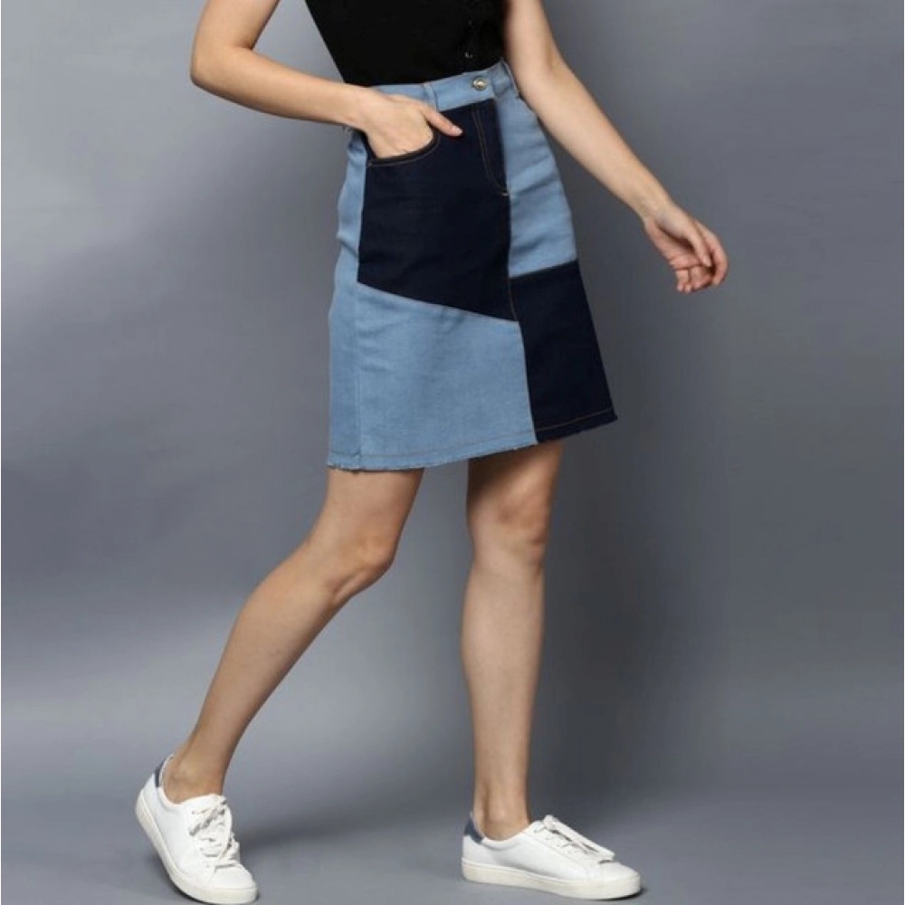 Women's Denim Brick Style Buttoned Skirt (Blue)