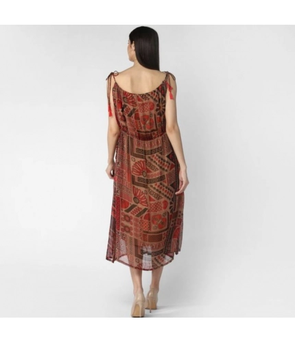 Women's Polyester Printed Shoulder Straps Dress (Maroon - Brown)